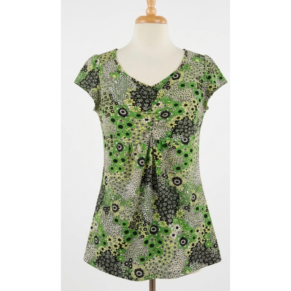 Mod Green Floral Top Y2K Boho Whimsigoth Cap Sleeve Blouse Size Small Retro Chic